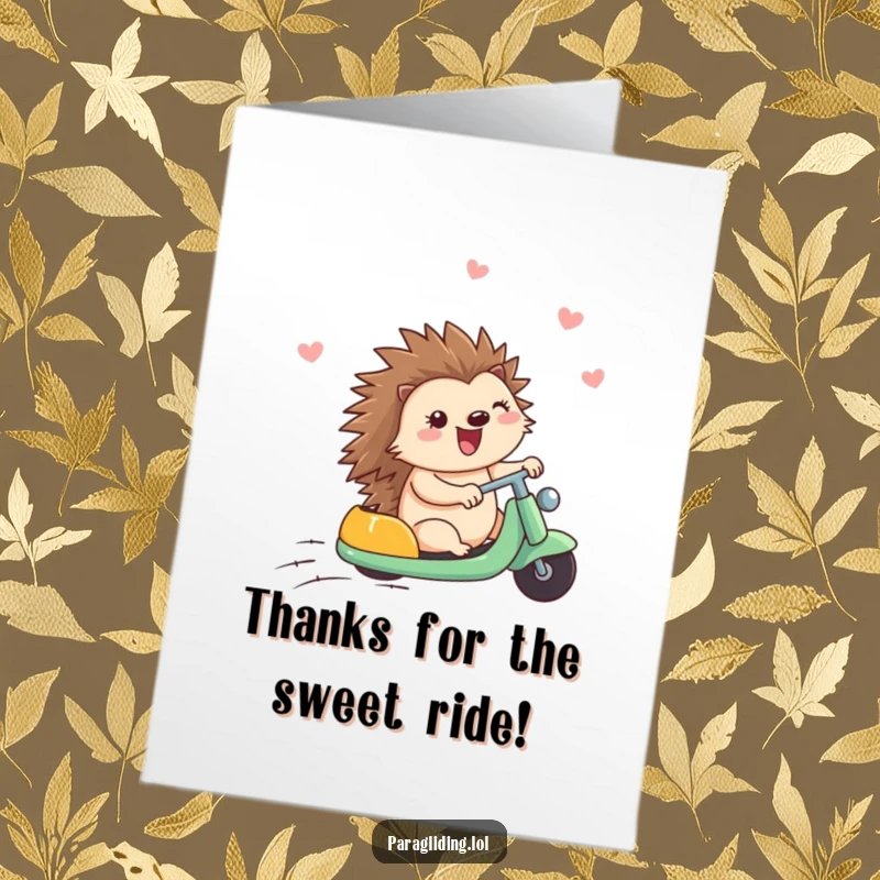 Funny Free Printable Thank You Card: A happy hedgehog enjoys a breezy ride, making thanks feel wonderful.