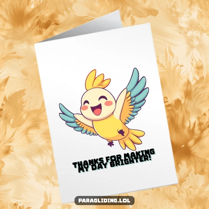 Funny Free Printable Thank You Card of a happy parrot with a wide grin flying joyfully through the sky.