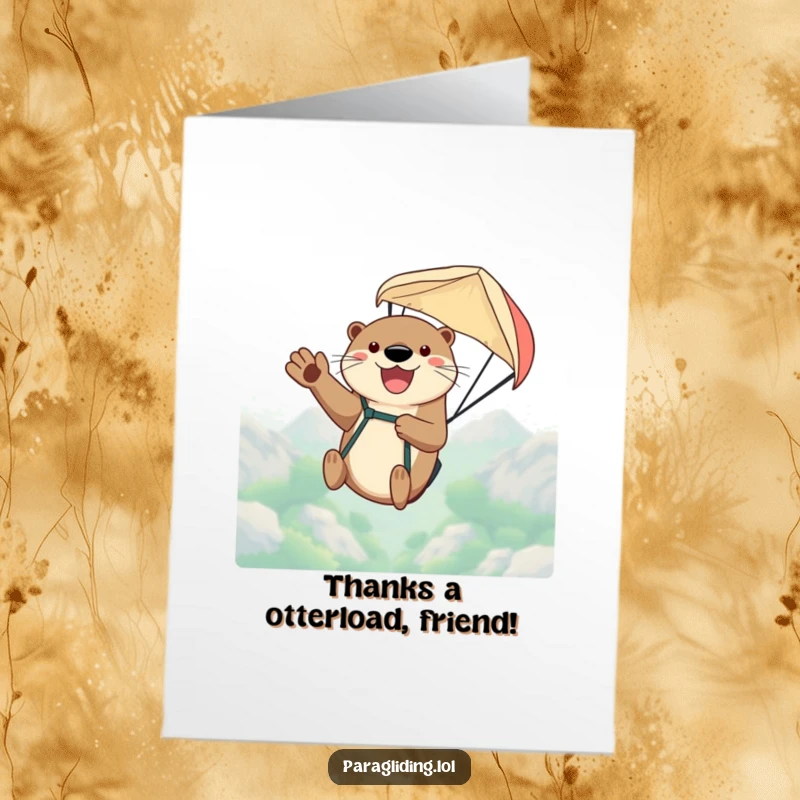 Funny Free Printable Thank You Card: Otter paragliding above, expressing thanks with a joyful wave.
