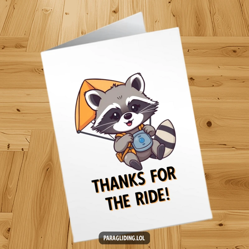 Funny Free Printable Thank You Card: A mischievous raccoon playfully yanking on paraglider controls, offering thanks.