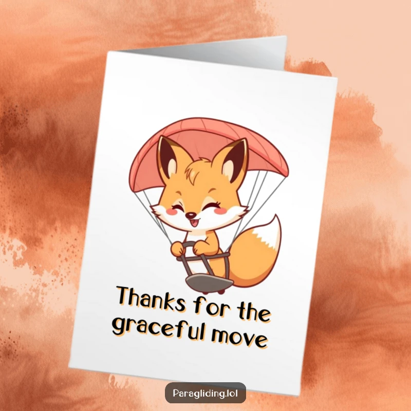 Funny Free Printable Thank You Card: A smiling fox steering a paraglider, conveying thanks with joy.