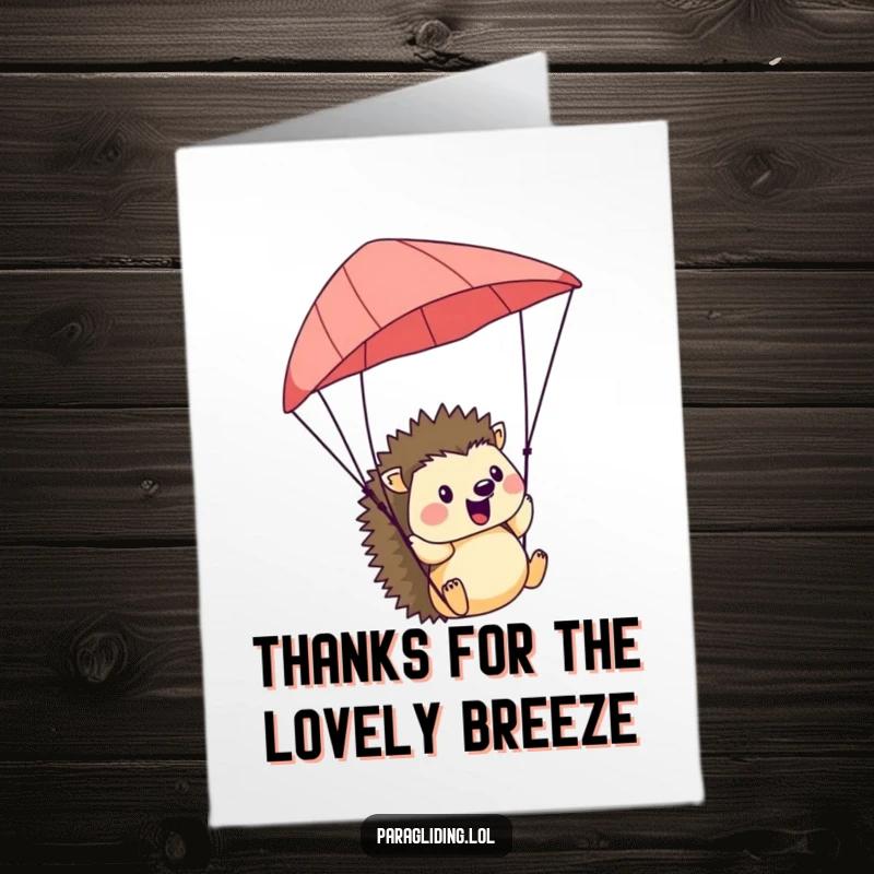 Funny Free Printable Thank You Card: A cheerful hedgehog happy in a paraglider, expressing thanks.