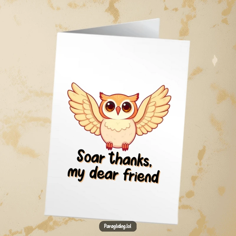 Funny Free Printable Thank You Card: A happy owl soaring through the sky with wide wings, conveying heartfelt thanks. Downloadable.