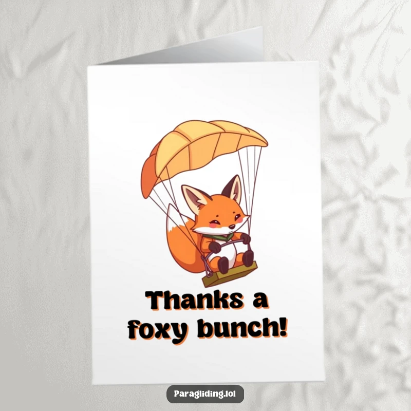 Funny Free Printable Thank You Card: Determined fox paragliding with concentration, expressing thanks with downloadable art.
