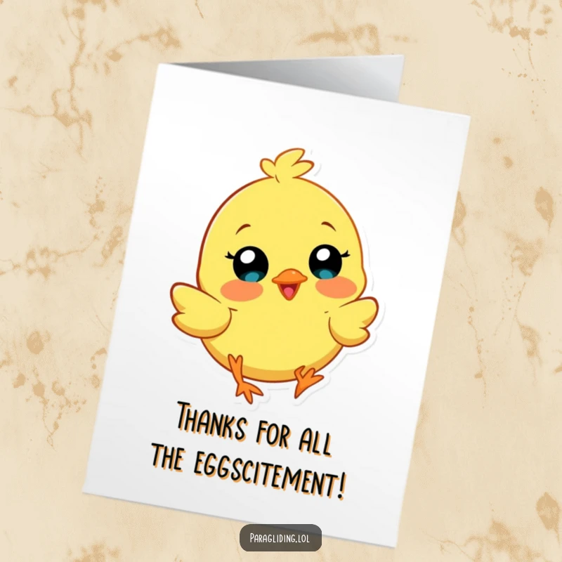 Funny Free Printable Thank You Card: A happy chick paragliding, delivering thanks from the sky with a cheerful expression.