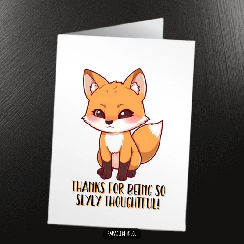 Funny Free Printable Thank You Card of a determined fox curiously looking downwards, expressing thoughtful gratitude.