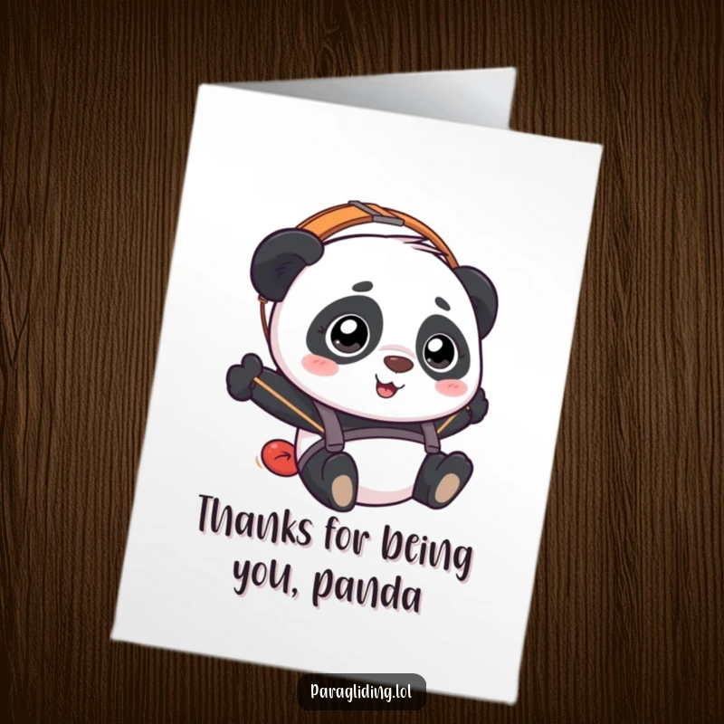 Funny Free Printable Thank You Card: A happy, slightly bewildered panda paragliding, sending sweet thank you wishes.