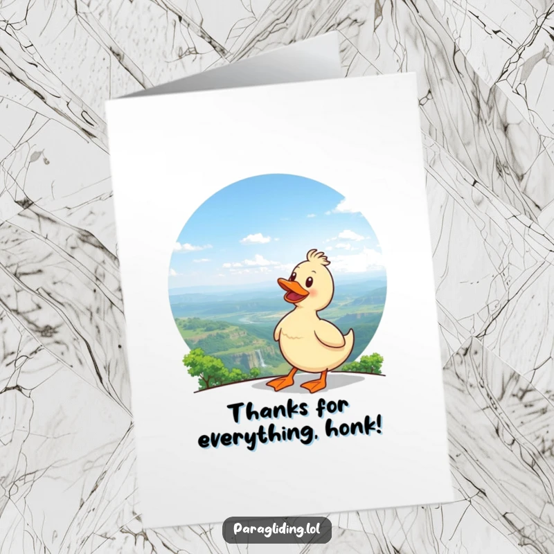 Funny Free Printable Thank You Card: A delighted duck gazing at a vast landscape, symbolizing immense gratitude and appreciation.
