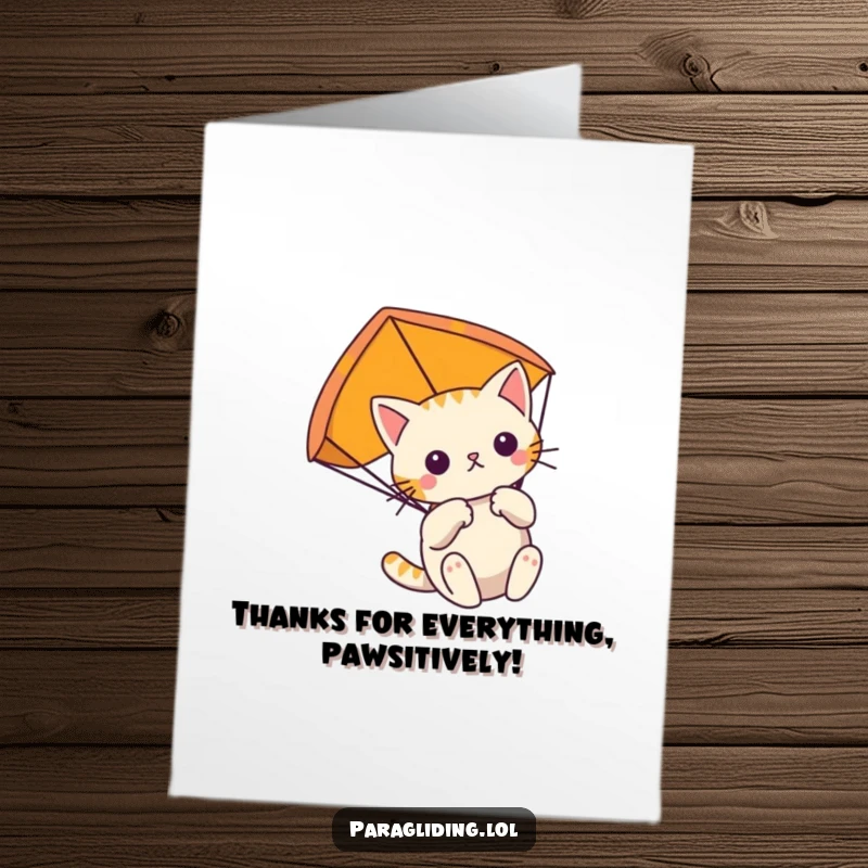 Funny Free Printable Thank You Card featuring a composed cat paragliding, conveying quiet appreciation.