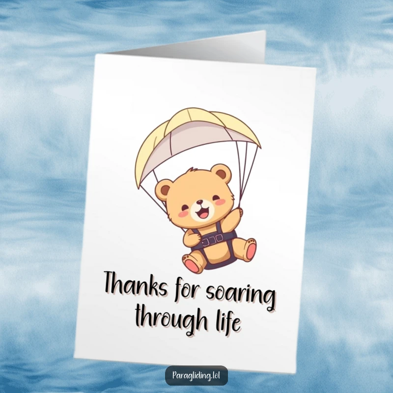 Funny Free Printable Thank You card: A cheerful bear cub paragliding, conveying thanks with a sense of exciting journey.