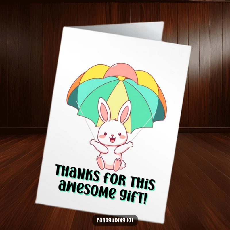 Funny Free Printable Thank You Card: A happy bunny floating serenely under a parachute, expressing thanks.
