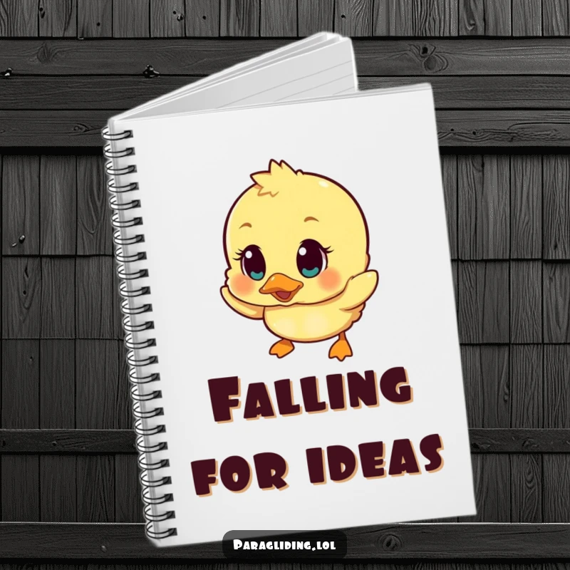 Funny notebook cover featuring a duckling with wide, surprised eyes in mid-descent, symbolizing unexpected thoughts and humorous note-taking.