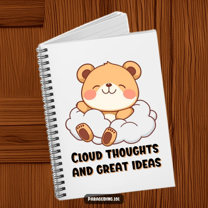 Funny notebook with a delighted bear peacefully drifting on clouds, ideal for capturing thoughts and dreams.