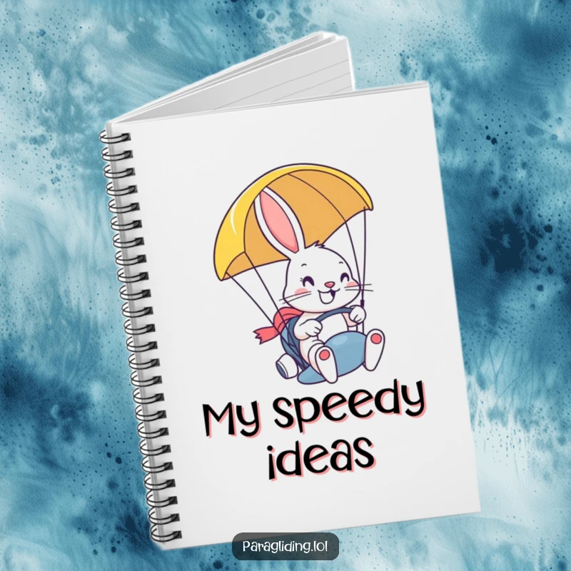 Funny notebook with a determined, smiling bunny steering a paraglider with a grin, designed for jotting down ideas and dreaming big.