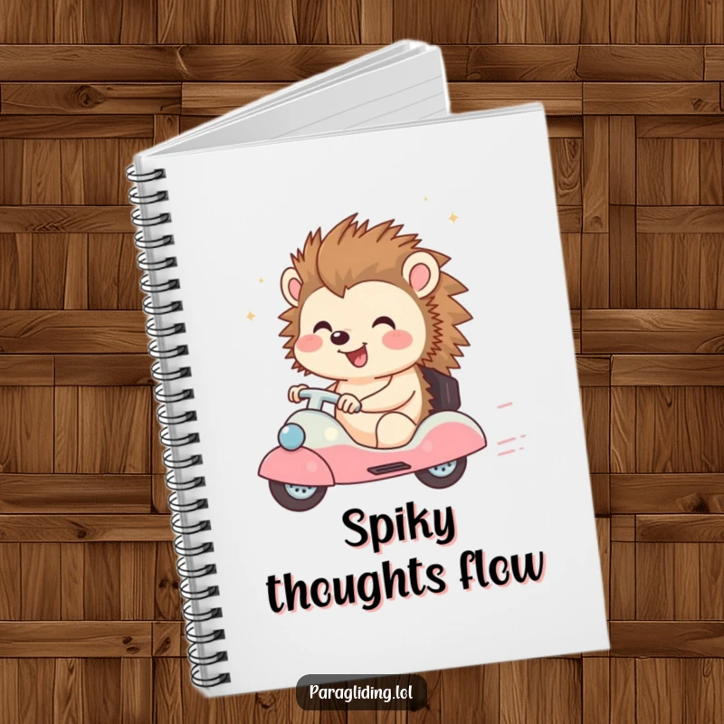 Funny notebook with lined pages, featuring a happy hedgehog character enjoying a breezy ride, ideal for journaling and notes.