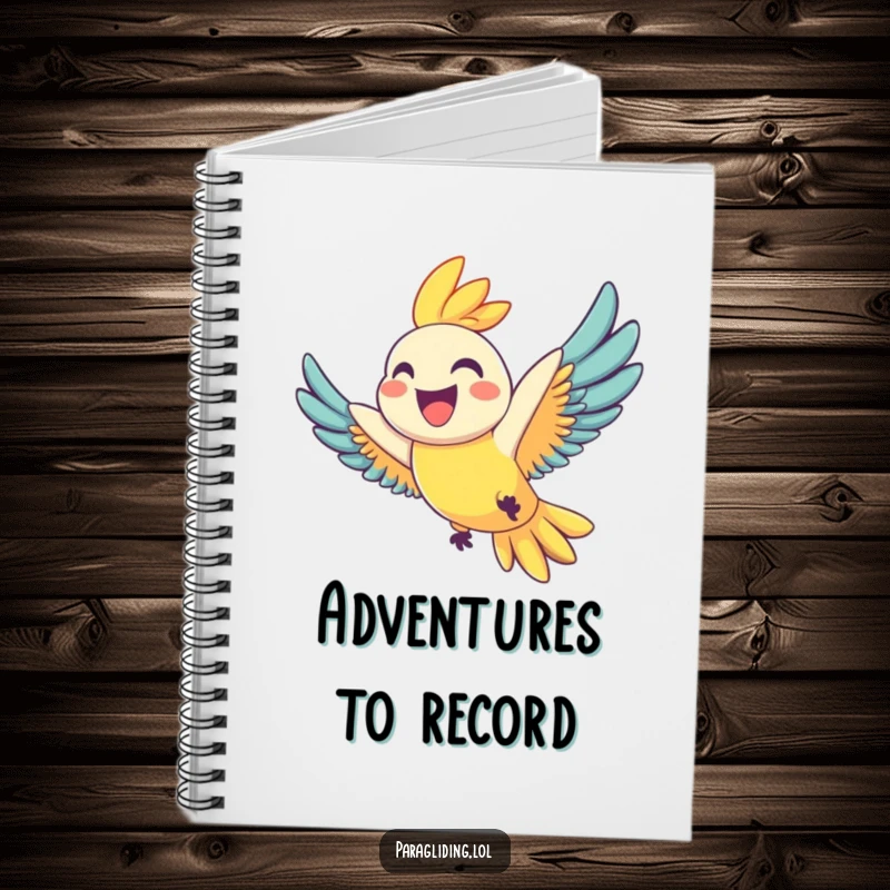Funny notebook cover with a joyful parrot grinning widely as it soars, ideal for writing happy notes and bright ideas, ideal funny gift.