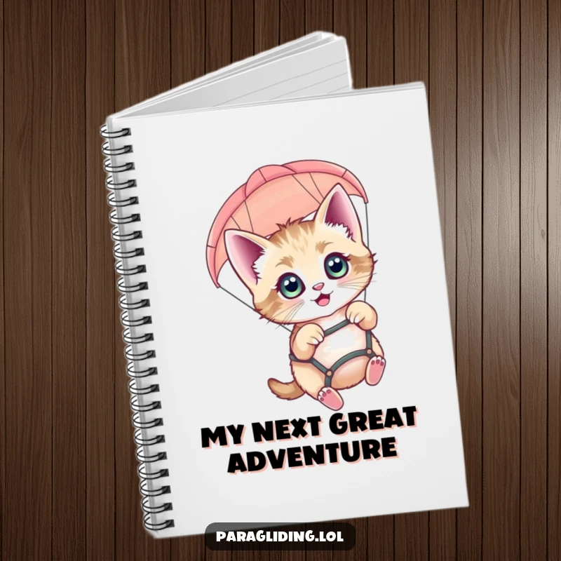 Funny paragliding kitten notebook, featuring a happy cat with wide eyes soaring from a paraglider.