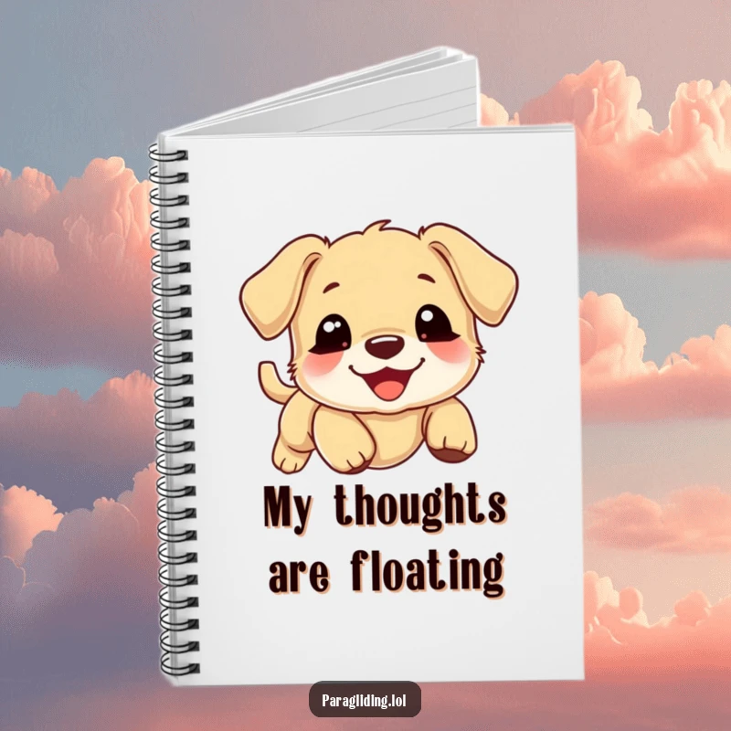 Funny puppy notebook, smiling puppy drifting gently downward on a cloud, journal, cute pet design.