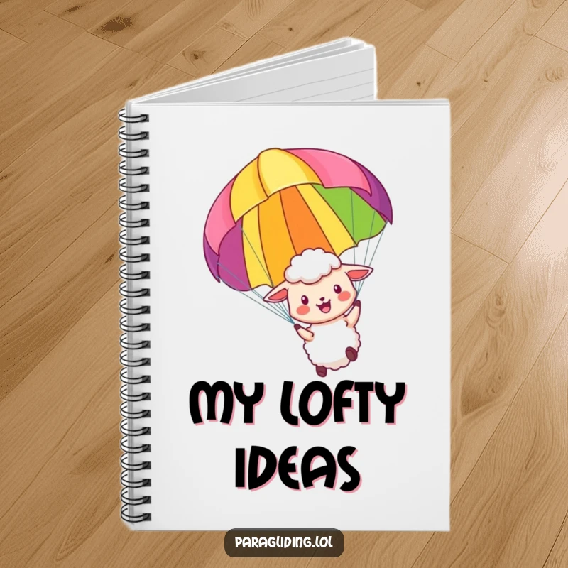 Funny notebook featuring a little sheep paragliding with a colorful parachute, perfect for recording humorous adventures and ideas.