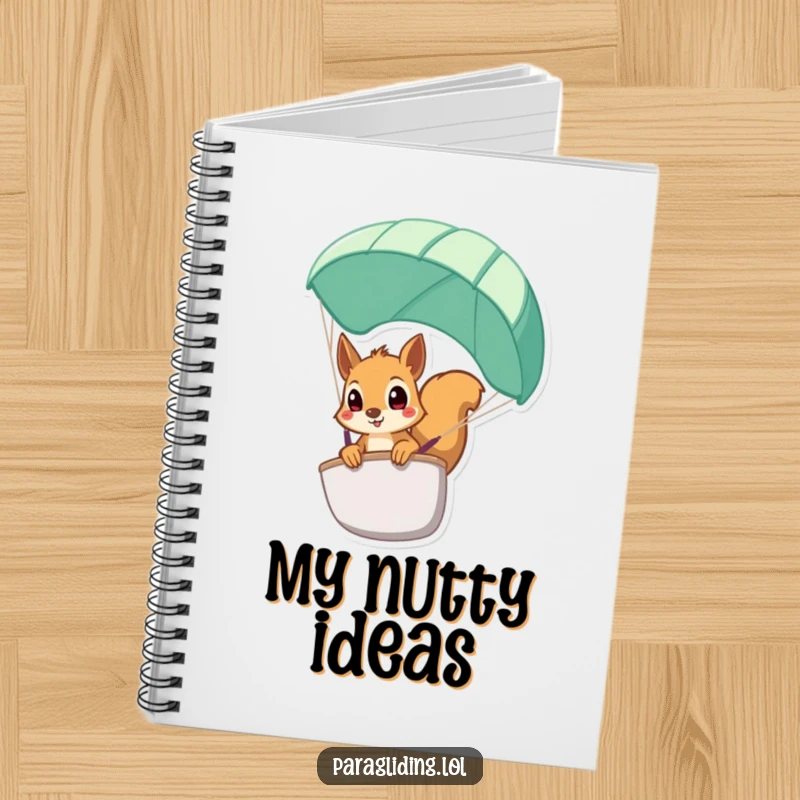 Funny squirrel notebook, a journal featuring a squirrel peeking from a paraglider with wide eyes, ideal for notes.