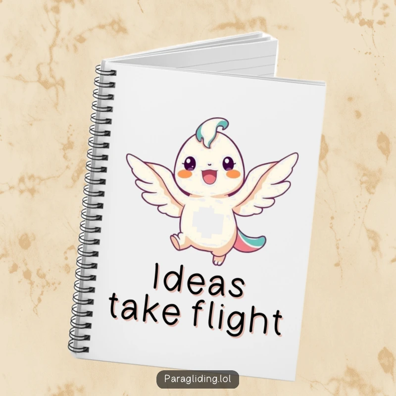 Funny notebook with a smiling winged creature descending, perfect for writing notes with a touch of heavenly inspiration and humor.
