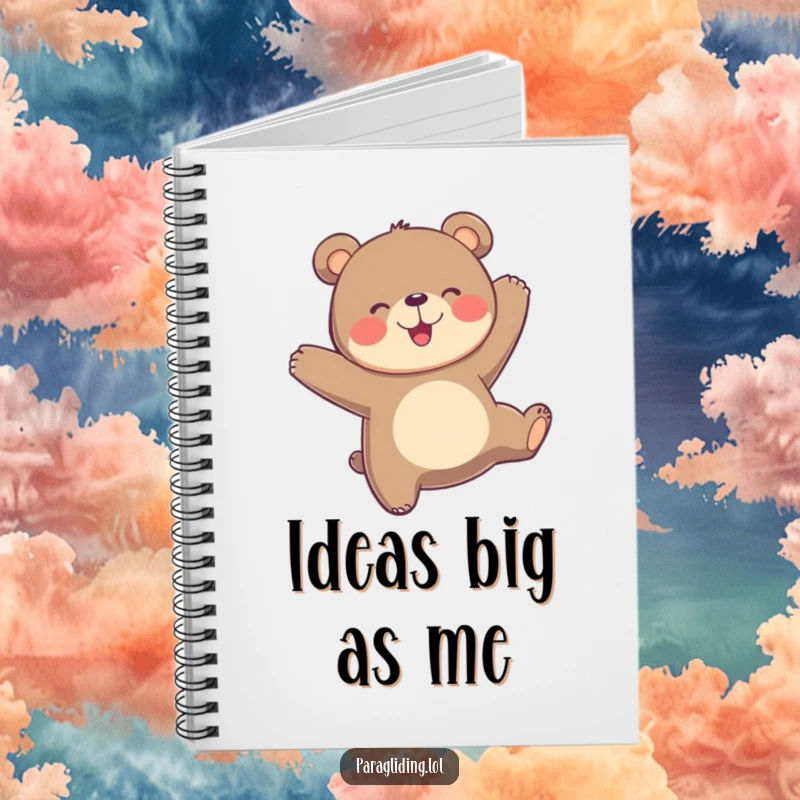 Funny playful bear bobs joyfully in the air on a notebook cover, perfect for jotting down happy thoughts.