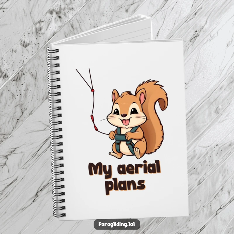 Funny notebook cover showcasing a determined squirrel grinning while holding a paraglider handle, ready to embark on exciting new projects.