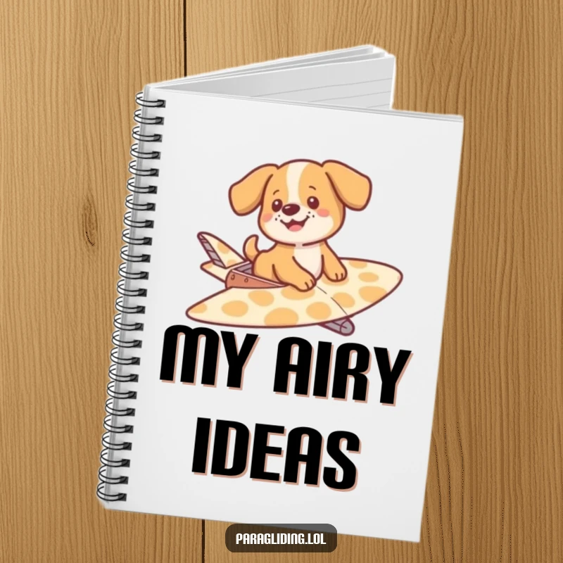 Funny notebook cover illustrated with a happy dog drifting on a patterned glider, perfect for noting down ideas in a relaxed and playful manner.