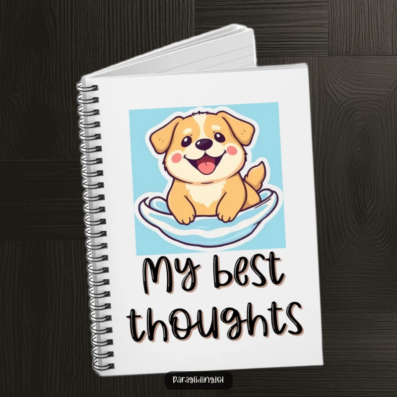 Funny floating dog notebook, featuring a beaming dog floating serenely, perfect for peaceful note-taking.