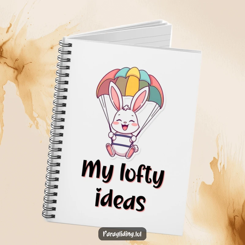 Funny notebook cover with a cheerful bunny paragliding, great for jotting down adventures and ideas.
