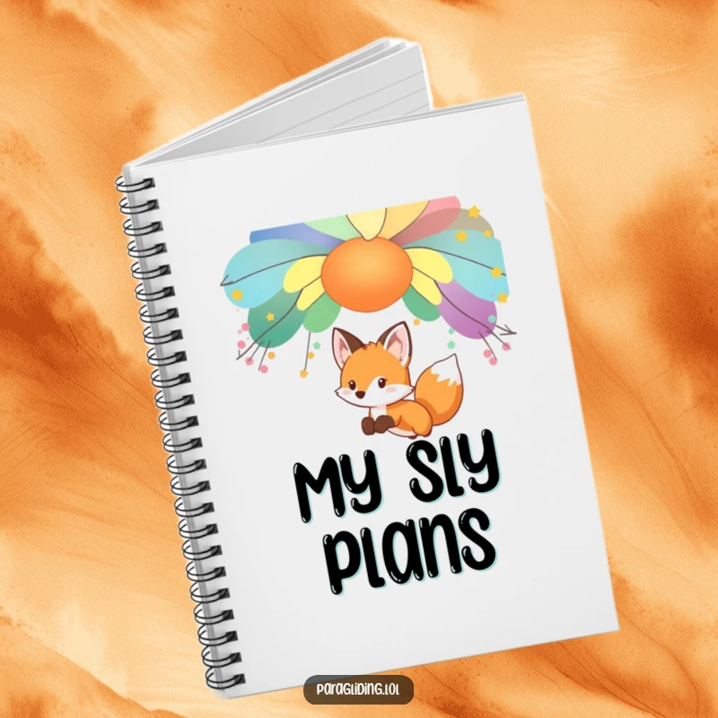 Funny fox character, gliding under a canopy, on a notebook cover, a great funny gift.