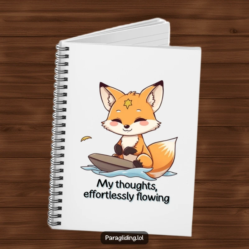 Funny Fox Paraglider Notebook showing a fox calmly flying with a smile, ideal for jotting down ideas and notes.