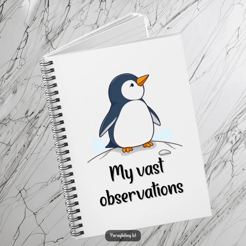 Funny penguin notebook, a journal featuring a penguin observing from a paraglider, ideal for notes.