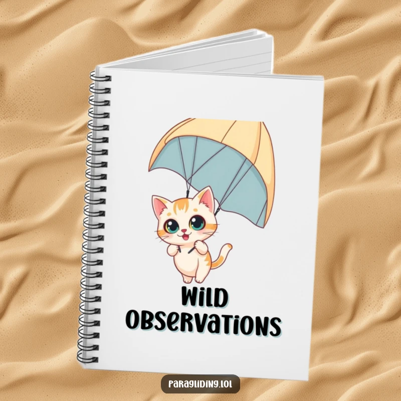 Funny notebook cover with a curious cat dangling from a paraglider with wide eyes, perfect for jotting down daring ideas, ideal funny gift.