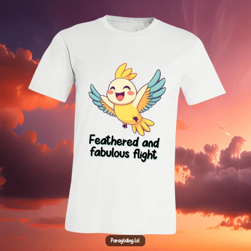 Funny t-shirt featuring a joyful parrot with a wide grin soaring through the sky, embodying pure bliss and freedom, an excellent funny gift.