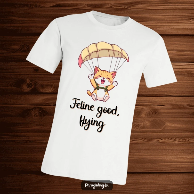 Funny t-shirt graphic of a giggling cat waving from under a paraglider, perfect for playful adventurers.