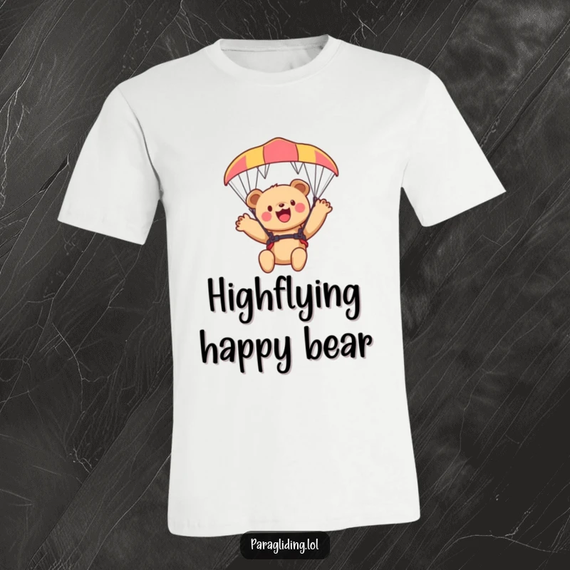 Funny bear cub t-shirt, a cheerful cub waving from a paraglider, perfect for outdoor enthusiasts.