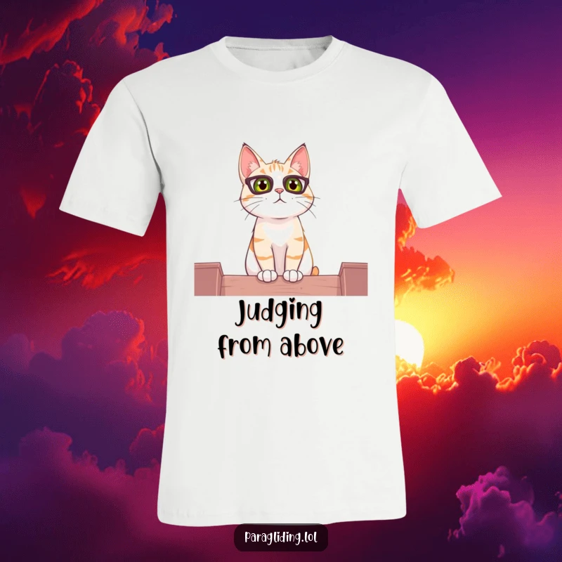 Funny t-shirt of a curious cat peeking from a high vantage point, observing everything with keen interest.