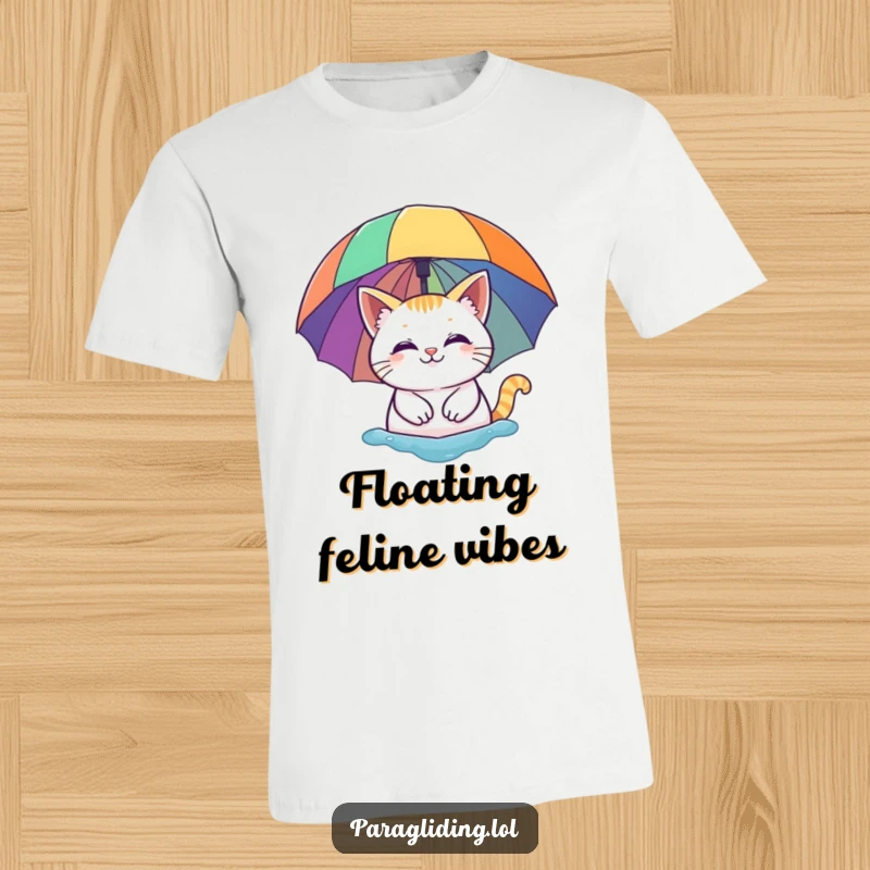 Funny t-shirt: A smiling cat floating peacefully beneath a vibrant rainbow umbrella. Whimsical, charming, and humorous graphic.
