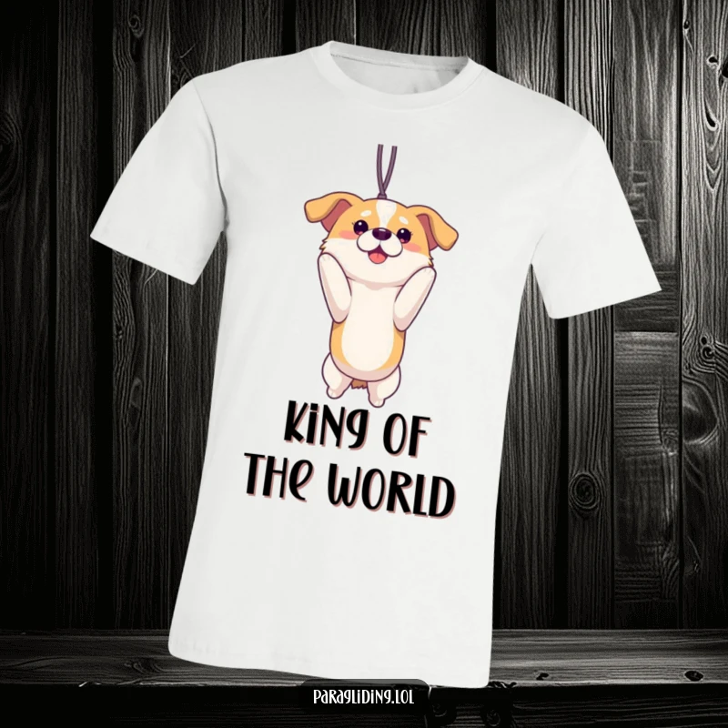 Funny proud dog suspended mid-air, enjoying a grand vista on a t-shirt. A happy and adventurous funny gift for dog fans.