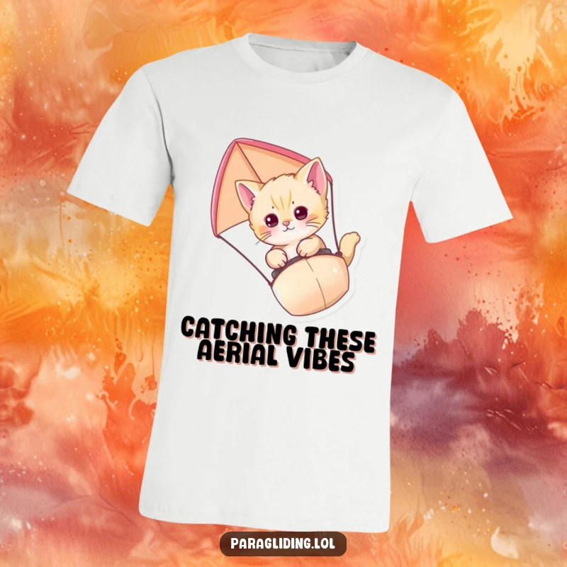 Funny Kitten Paraglider T-Shirt with a curious kitten enjoying a gentle flight on a paraglider, looking amazed.