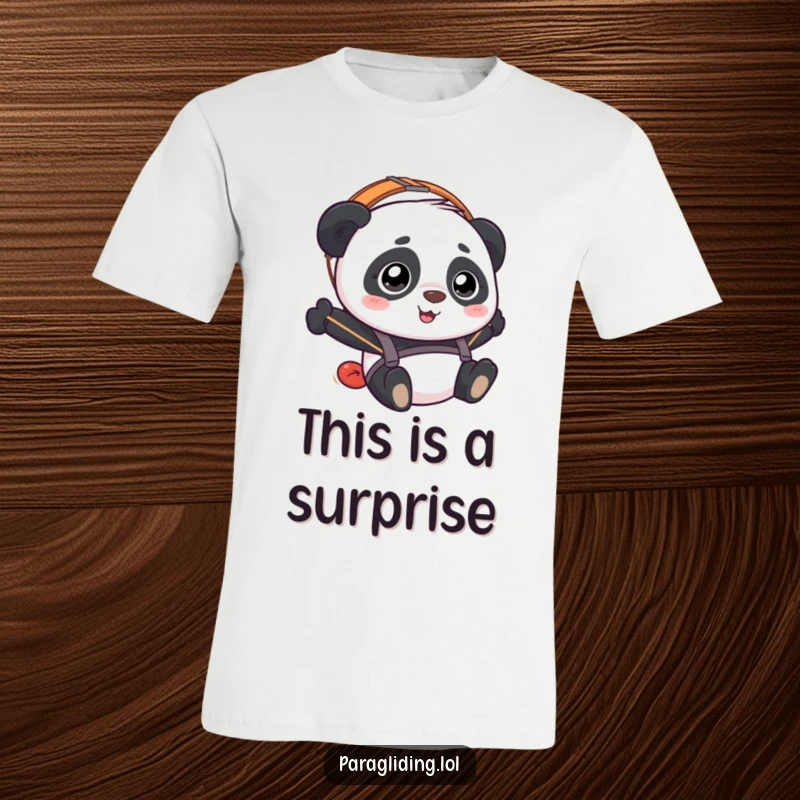 Funny Panda Paraglider T-Shirt with a happy yet slightly bewildered panda enjoying a paragliding adventure.