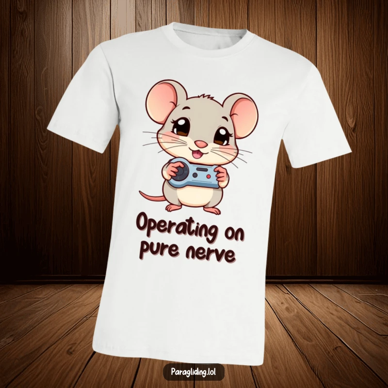 Funny t-shirt showcasing a shy mouse with wide, curious eyes, firmly clutching its game controller in concentration.