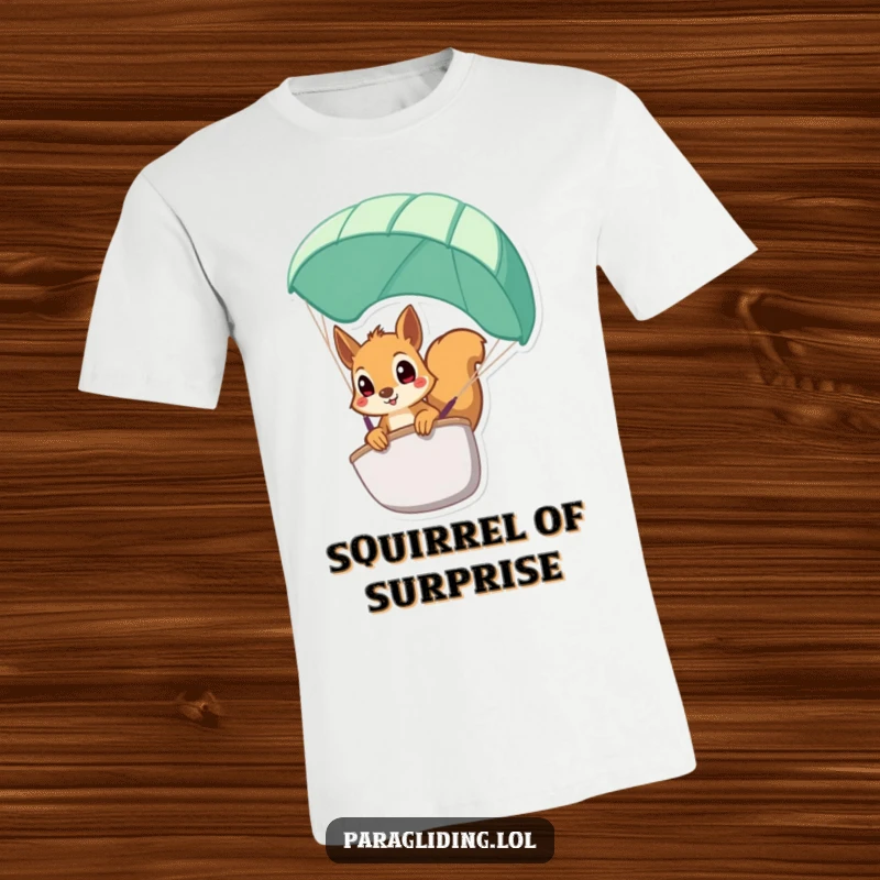 Funny squirrel t-shirt, a wide-eyed squirrel peeking from a paraglider, perfect for humorous and quirky style.