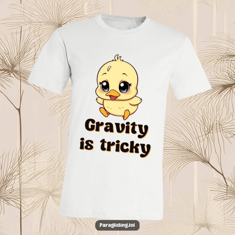 Funny t-shirt showcasing a cute, wobbly duckling character drifting downwards with comically wide, surprised eyes.