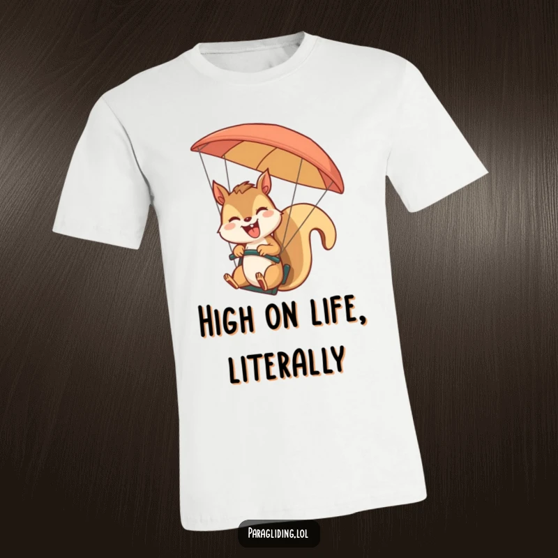 Funny, giggling squirrel paragliding and waving happily on a t-shirt. A joyful and adventurous funny gift for all ages.