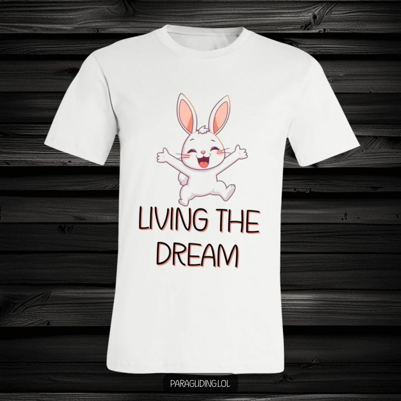 Funny t-shirt with a delighted bunny soaring through the sky, capturing a moment of pure, humorous bliss and exhilaration.