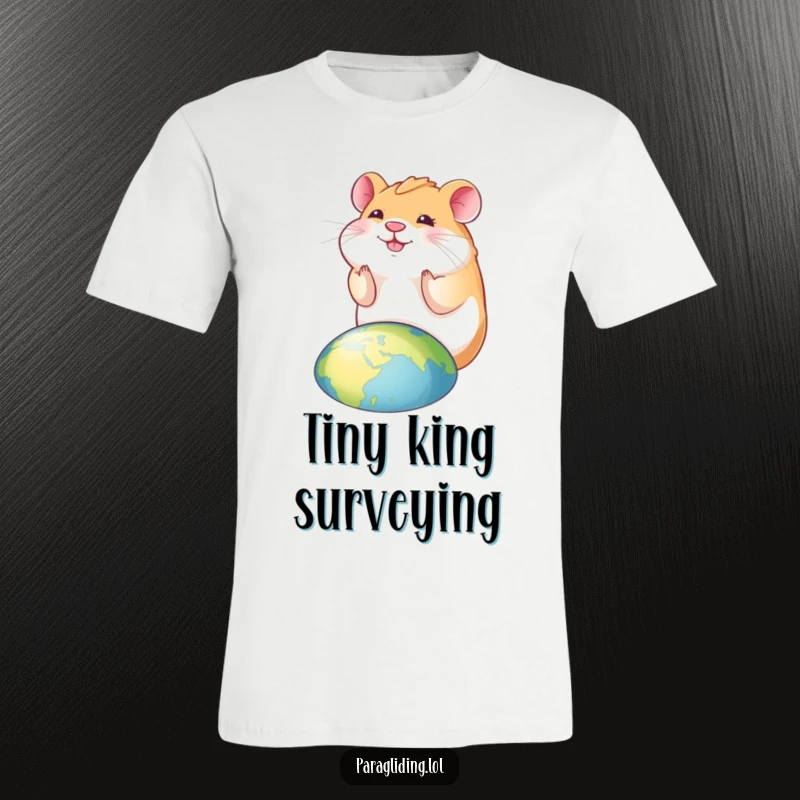 Funny hamster t-shirt with a smiling hamster looking down at the world, radiating happiness and humorous perspective.