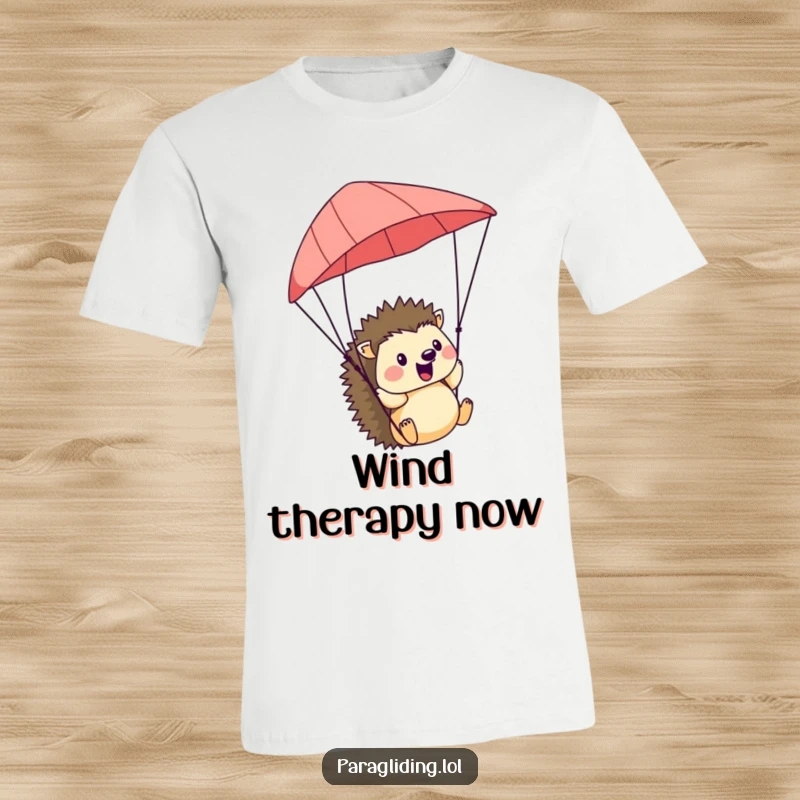 Funny Hedgehog T-Shirt: A cheerful hedgehog enjoying the breeze while paragliding, radiating happiness and a sense of freedom.