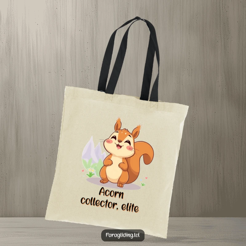 Funny tote bag with a cheerful squirrel enjoying a magnificent view from a high perch.
